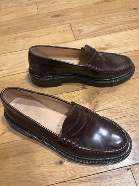 J. Crew Women's Dark Cherry Red Chunky Heel Leather Penny Loafers Size 6